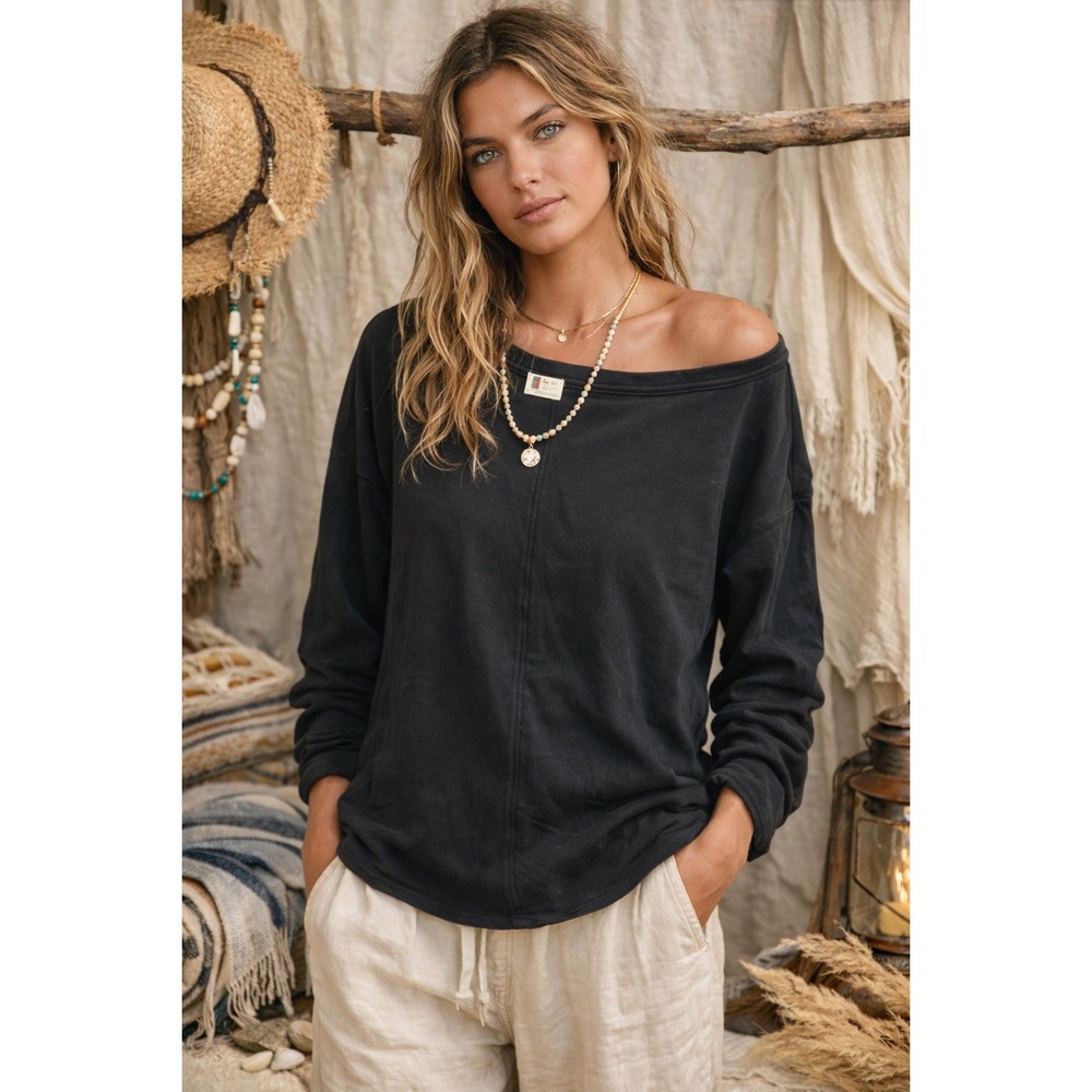 Free People Beach Black Long Sleeve Cotton Women's Oversized T-Shirt | NWOT | Lg